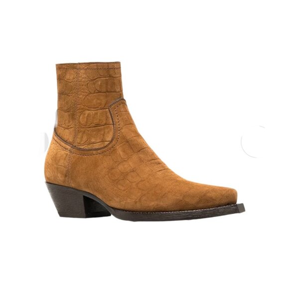 Saint Laurent Shoes - NEW  Saint Laurent  Lukas Crocodile Embossed Suede Boots Size 38.5